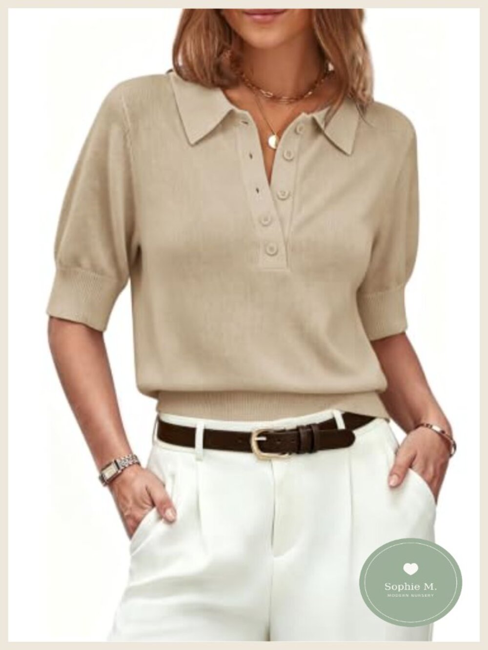 Women's V-Neck Wool Blend Polo Sweater Button Down Short Sleeve Collared Knit